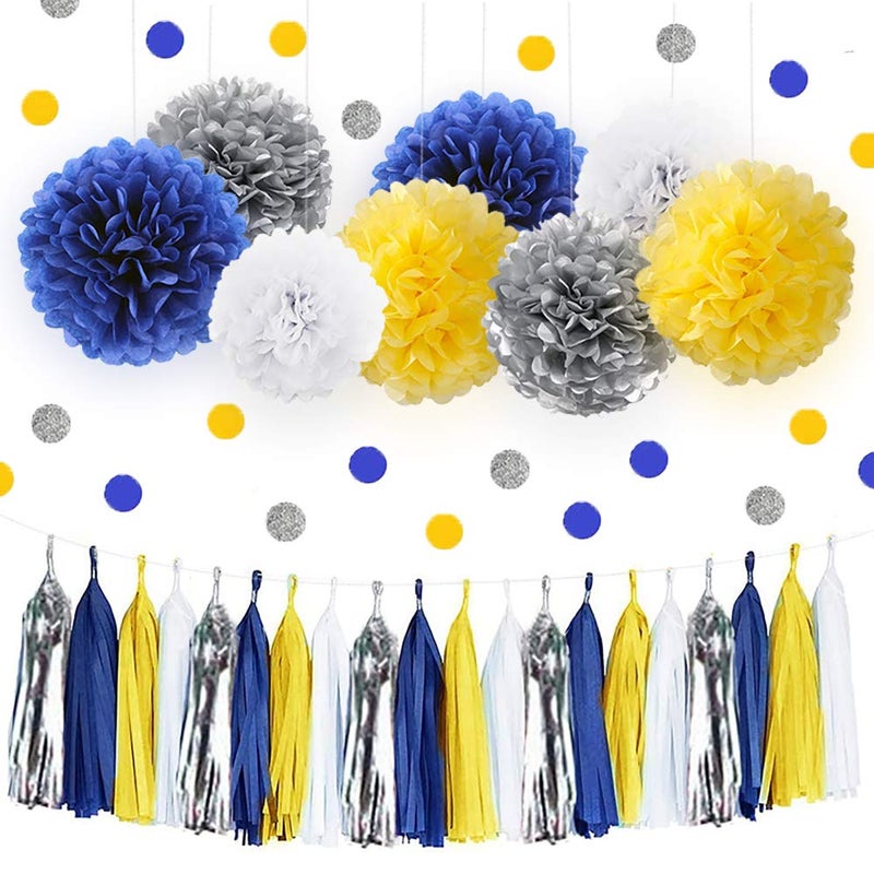 IGUO 30pcs Tissue Pom Poms Party Supplies,Yellow Navy Blue White Silver Birthday Party Decorations Paper Tassel Garland for Bridal Shower Wedding School Ceremony Graduation Theme Party Supplie - Image 1